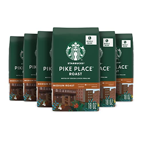Starbucks, Pike Place Roast, Medium Roast, Whole Bean Coffee, 6 x 18 oz