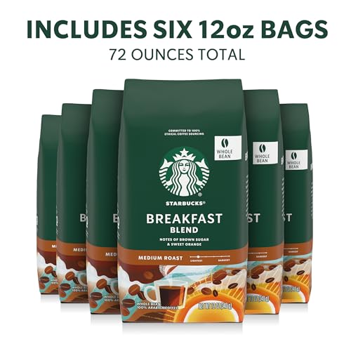 image Starbucks, Breakfast Blend, Medium Roast, Whole Bean Coffee, 6 x 12 oz