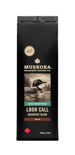 Muskoka Roastery Coffee, Decaf Loon Call Breakfast Blend, Q-Grade Specialty Coffee Arabica Beans, Medium Roast, Whole Bean, 454g