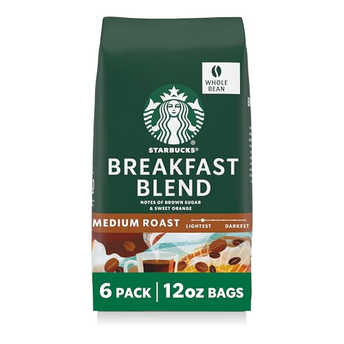 Starbucks, Breakfast Blend, Medium Roast, Whole Bean Coffee, 6 x 12 oz