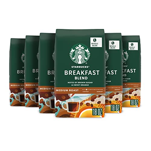 Starbucks, Breakfast Blend, Medium Roast, Whole Bean Coffee, 6 x 18 oz